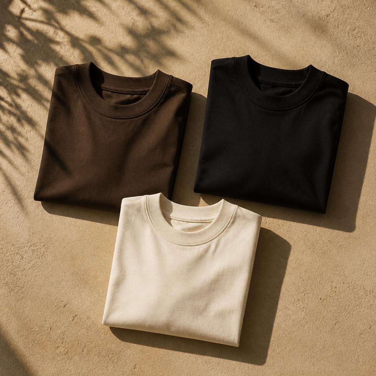 Camisetas oversized WNC dobradas em superfície de areia